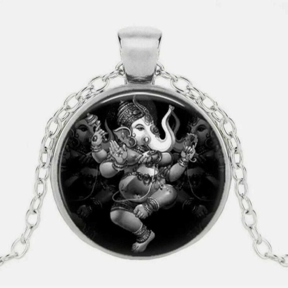 New Ganesh Silver Glass Cabochon Necklace.